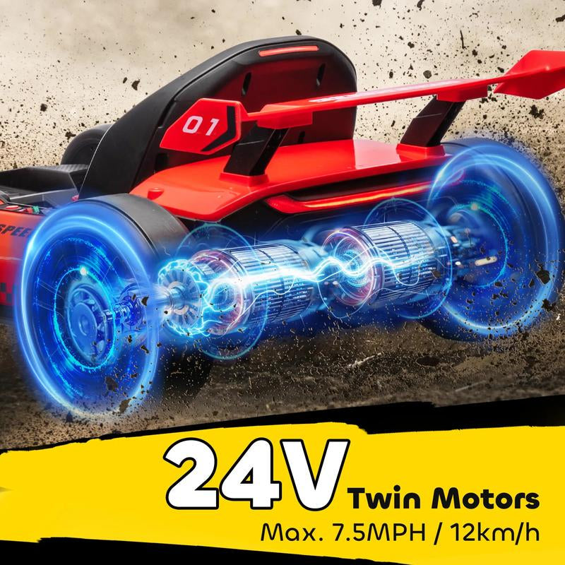 Aosom 24V Electric Go Kart, 7.5/8.1Mph, Drifting Car Battery Powered Ride on Toy with Slow Start, Music, Horn, for 6-12 Years Old