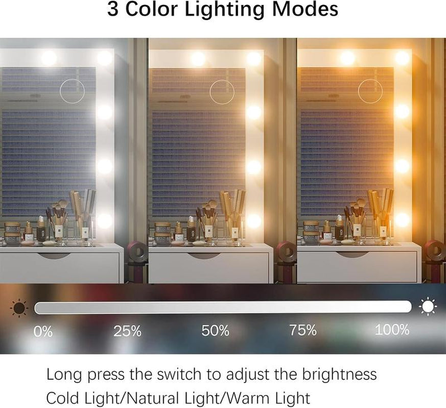 FUSOU 55“W 15 Drawers Vanity Desk with Power Outlet, Makeup Table with Mirror and LED Lights, 3 Color Lighting Modes, Vanity Table with Chair for Bedroom