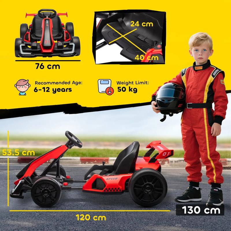 Aosom 24V Electric Go Kart, 7.5/8.1Mph, Drifting Car Battery Powered Ride on Toy with Slow Start, Music, Horn, for 6-12 Years Old