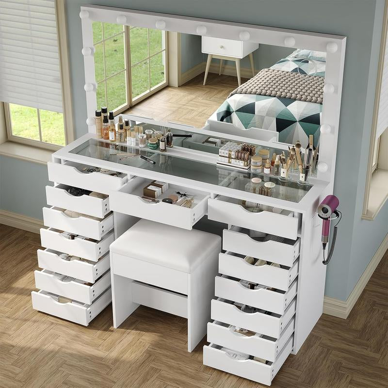 FUSOU 55“W 15 Drawers Vanity Desk with Power Outlet, Makeup Table with Mirror and LED Lights, 3 Color Lighting Modes, Vanity Table with Chair for Bedroom