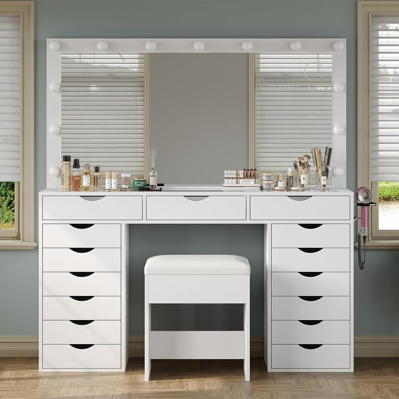 FUSOU 55“W 15 Drawers Vanity Desk with Power Outlet, Makeup Table with Mirror and LED Lights, 3 Color Lighting Modes, Vanity Table with Chair for Bedroom