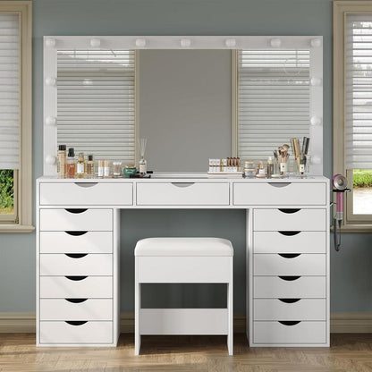 FUSOU 55“W 15 Drawers Vanity Desk with Power Outlet, Makeup Table with Mirror and LED Lights, 3 Color Lighting Modes, Vanity Table with Chair for Bedroom
