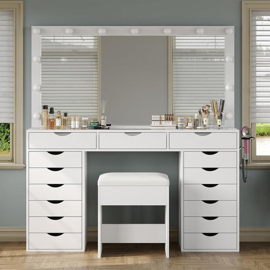 FUSOU 55“W 15 Drawers Vanity Desk with Power Outlet, Makeup Table with Mirror and LED Lights, 3 Color Lighting Modes, Vanity Table with Chair for Bedroom