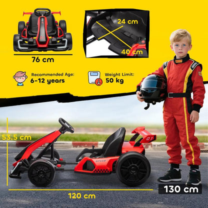 Aosom 24V Electric Go Kart, 7.5/8.1Mph, Drifting Car Battery Powered Ride on Toy with Slow Start, Music, Horn, for 6-12 Years Old