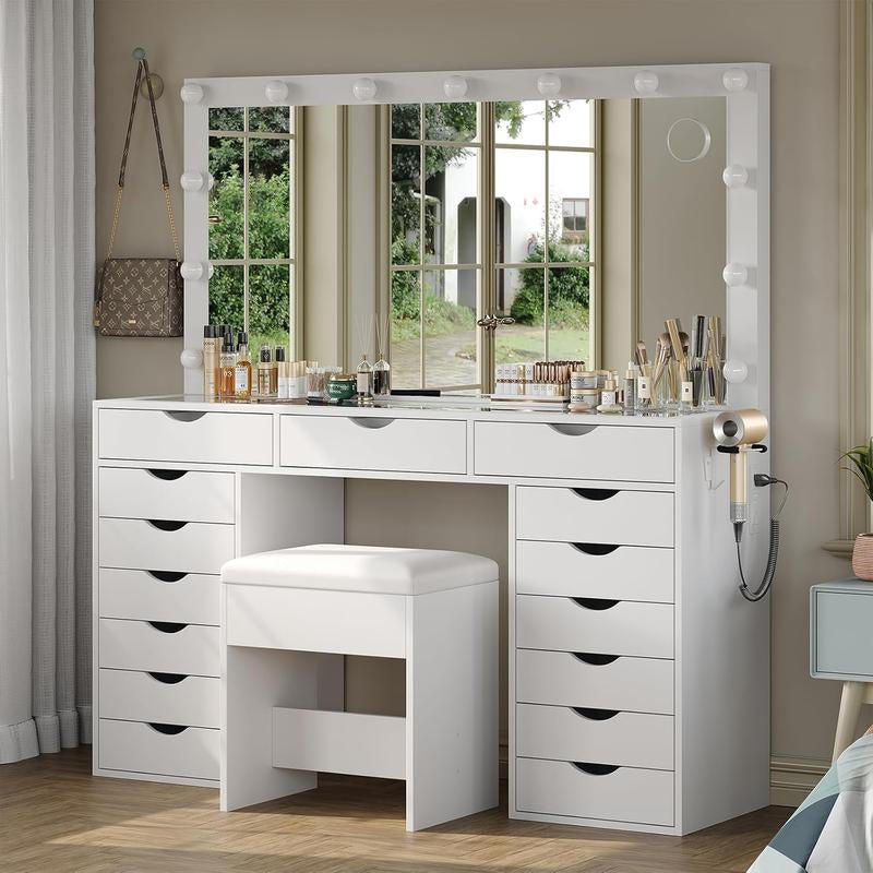 FUSOU 55“W 15 Drawers Vanity Desk with Power Outlet, Makeup Table with Mirror and LED Lights, 3 Color Lighting Modes, Vanity Table with Chair for Bedroom