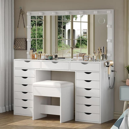 FUSOU 55“W 15 Drawers Vanity Desk with Power Outlet, Makeup Table with Mirror and LED Lights, 3 Color Lighting Modes, Vanity Table with Chair for Bedroom