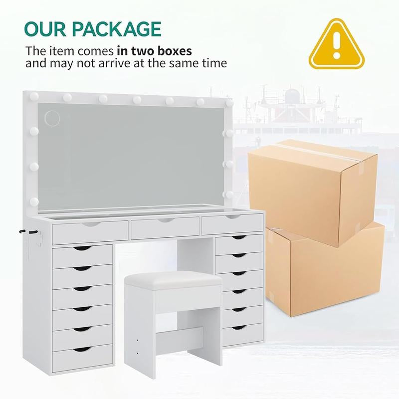 FUSOU 55“W 15 Drawers Vanity Desk with Power Outlet, Makeup Table with Mirror and LED Lights, 3 Color Lighting Modes, Vanity Table with Chair for Bedroom