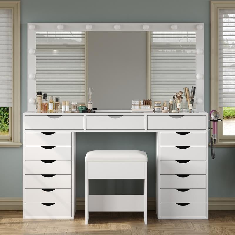 FUSOU 55“W 15 Drawers Vanity Desk with Power Outlet, Makeup Table with Mirror and LED Lights, 3 Color Lighting Modes, Vanity Table with Chair for Bedroom