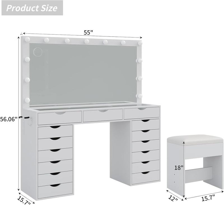 FUSOU 55“W 15 Drawers Vanity Desk with Power Outlet, Makeup Table with Mirror and LED Lights, 3 Color Lighting Modes, Vanity Table with Chair for Bedroom