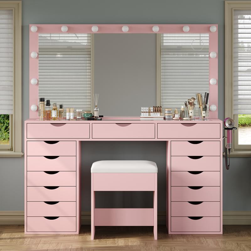 FUSOU 55“W 15 Drawers Vanity Desk with Power Outlet, Makeup Table with Mirror and LED Lights, 3 Color Lighting Modes, Vanity Table with Chair for Bedroom