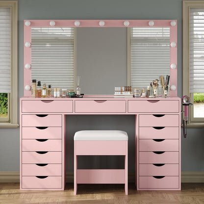 FUSOU 55“W 15 Drawers Vanity Desk with Power Outlet, Makeup Table with Mirror and LED Lights, 3 Color Lighting Modes, Vanity Table with Chair for Bedroom