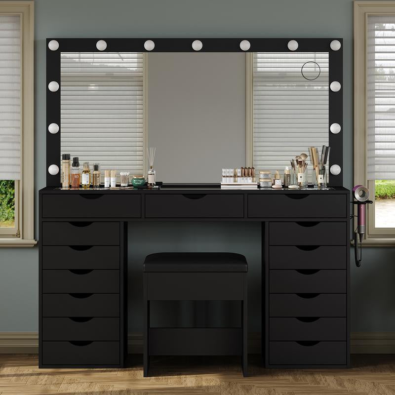 FUSOU 55“W 15 Drawers Vanity Desk with Power Outlet, Makeup Table with Mirror and LED Lights, 3 Color Lighting Modes, Vanity Table with Chair for Bedroom